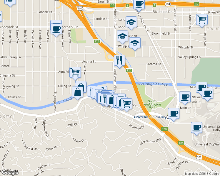map of restaurants, bars, coffee shops, grocery stores, and more near 4140 Arch Drive in Los Angeles