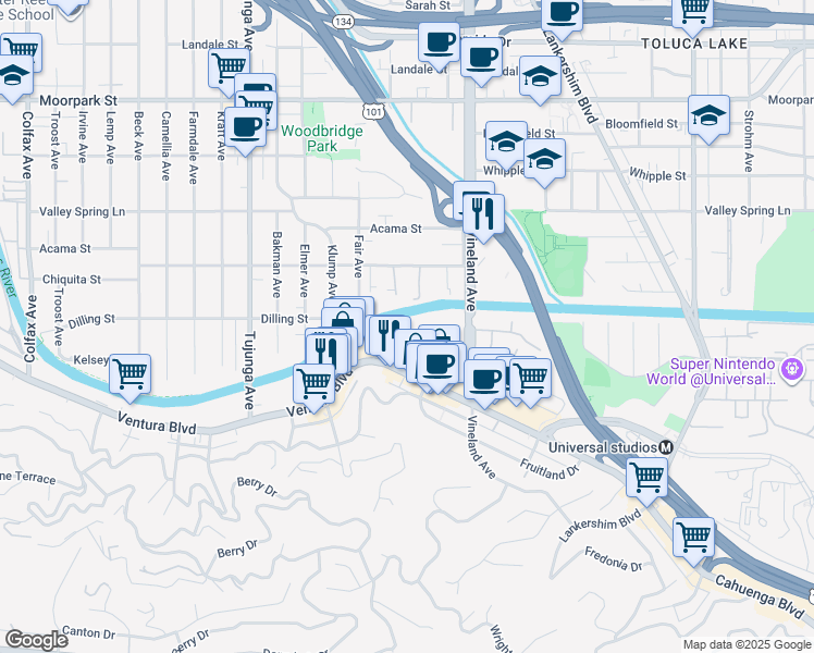 map of restaurants, bars, coffee shops, grocery stores, and more near 4180 Arch Drive in Los Angeles
