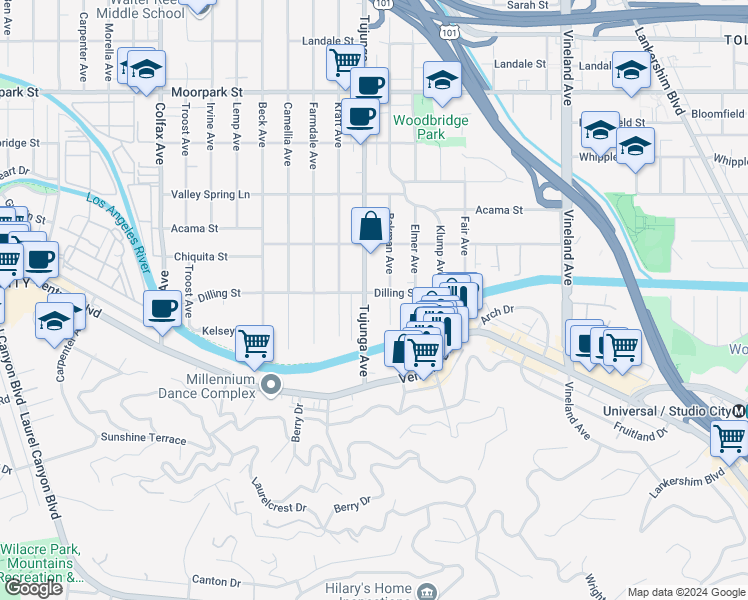map of restaurants, bars, coffee shops, grocery stores, and more near 4122 Tujunga Avenue in Los Angeles