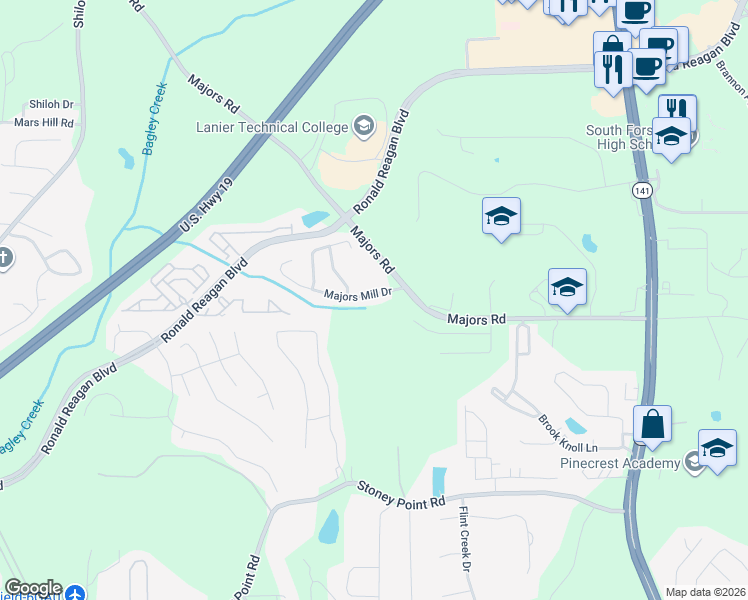 map of restaurants, bars, coffee shops, grocery stores, and more near 7965 Majors Mill Drive in Cumming