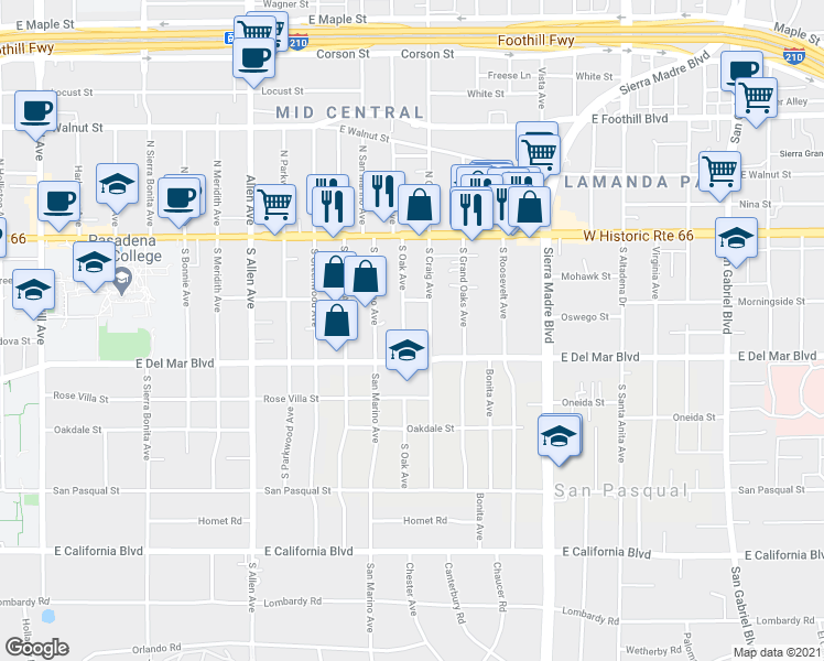map of restaurants, bars, coffee shops, grocery stores, and more near 172 South Oak Avenue in Pasadena