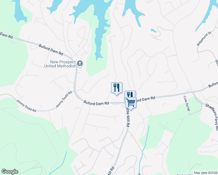 map of restaurants, bars, coffee shops, grocery stores, and more near 5842 Dolvin Lane in Buford