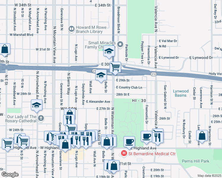 map of restaurants, bars, coffee shops, grocery stores, and more near 2834 North Waterman Avenue in San Bernardino