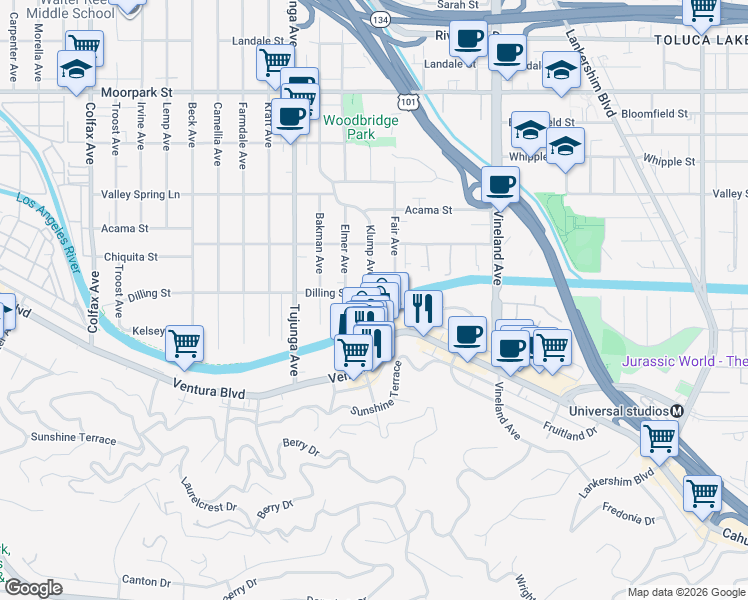 map of restaurants, bars, coffee shops, grocery stores, and more near 11222 Dilling Street in Los Angeles