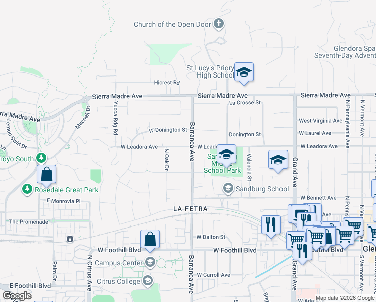 map of restaurants, bars, coffee shops, grocery stores, and more near 459 North Barranca Avenue in Glendora