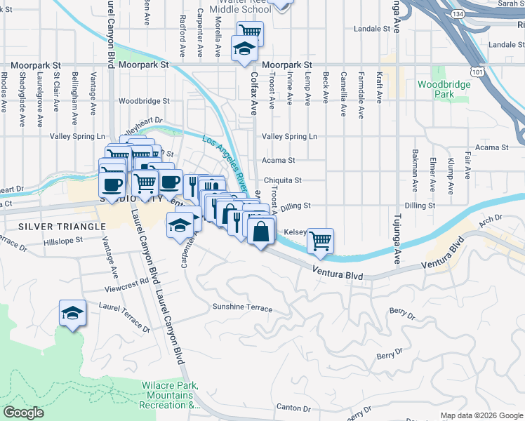 map of restaurants, bars, coffee shops, grocery stores, and more near 4107 Troost Avenue in Los Angeles