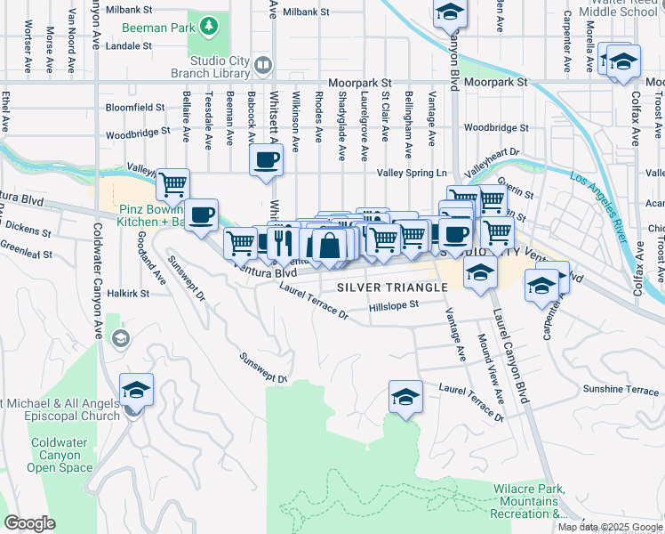 map of restaurants, bars, coffee shops, grocery stores, and more near 12349 Ventura Boulevard in Los Angeles