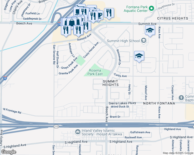 map of restaurants, bars, coffee shops, grocery stores, and more near 15214 Portico Lane in Fontana