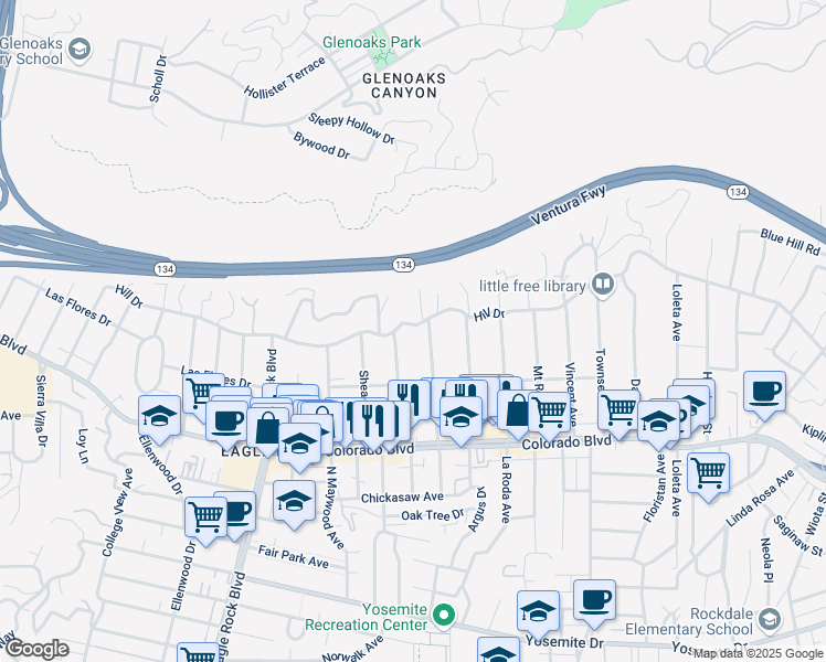 map of restaurants, bars, coffee shops, grocery stores, and more near 1866 Hill Drive in Los Angeles