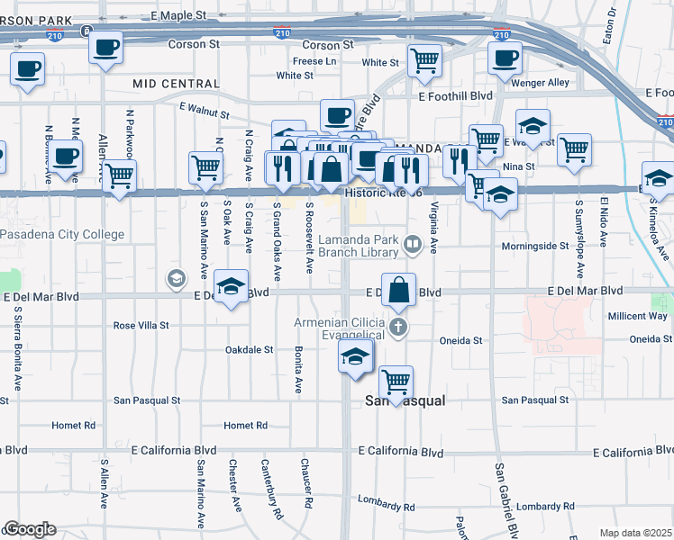 map of restaurants, bars, coffee shops, grocery stores, and more near 175 South Sierra Madre Boulevard in Pasadena