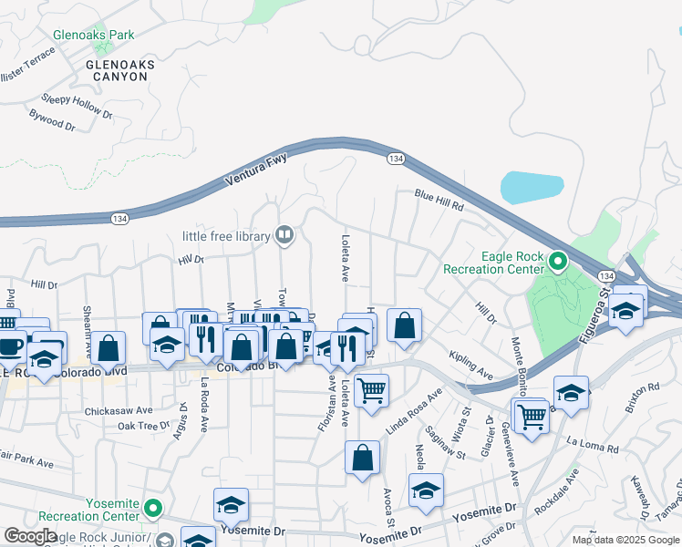 map of restaurants, bars, coffee shops, grocery stores, and more near 5263 Loleta Avenue in Los Angeles