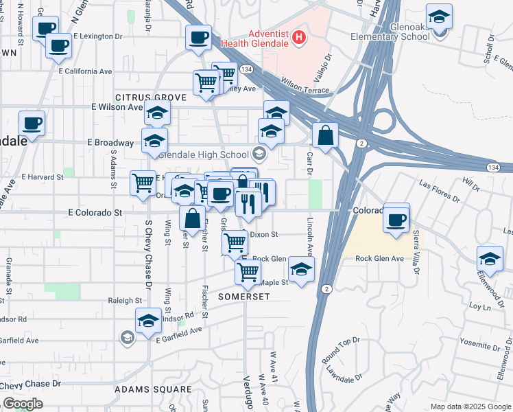 map of restaurants, bars, coffee shops, grocery stores, and more near 1425 East Colorado Street in Glendale