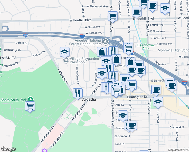 map of restaurants, bars, coffee shops, grocery stores, and more near 230 San Antonio Road in Arcadia