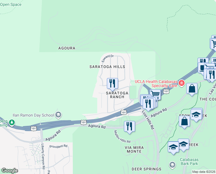map of restaurants, bars, coffee shops, grocery stores, and more near 27018 De Berry Drive in Agoura Hills