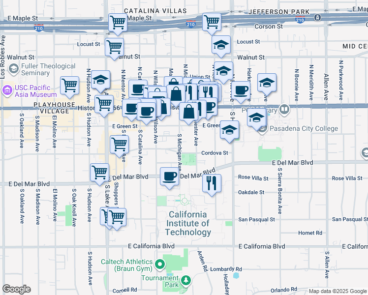 map of restaurants, bars, coffee shops, grocery stores, and more near 232 South Michigan Avenue in Pasadena