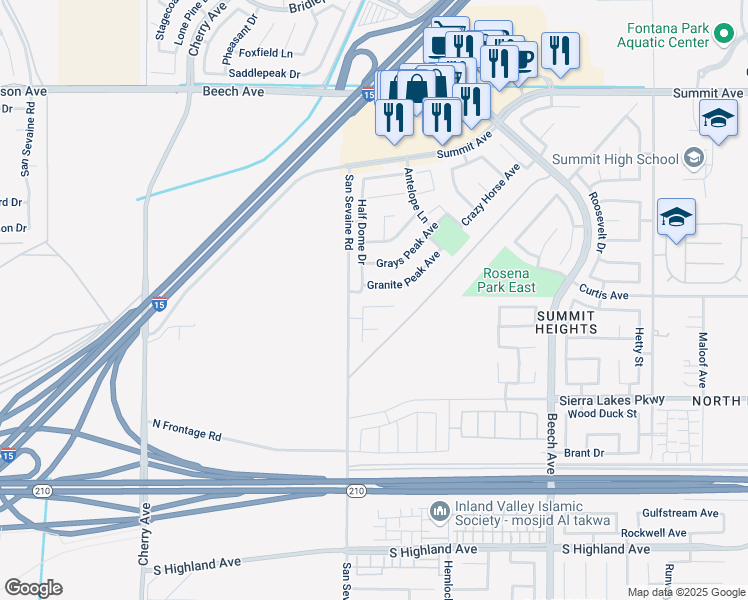 map of restaurants, bars, coffee shops, grocery stores, and more near 14950 Catania Way in Fontana