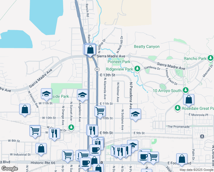 map of restaurants, bars, coffee shops, grocery stores, and more near 1204 North Alameda Avenue in Azusa