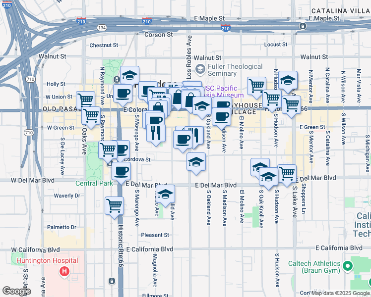 map of restaurants, bars, coffee shops, grocery stores, and more near 157 South Los Robles Avenue in Pasadena