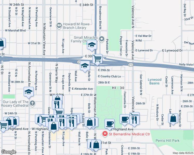 map of restaurants, bars, coffee shops, grocery stores, and more near 2834 North Waterman Avenue in San Bernardino