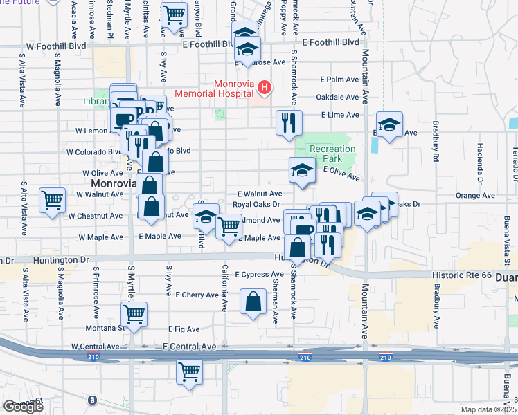 map of restaurants, bars, coffee shops, grocery stores, and more near 512 Royal Oaks Drive in Monrovia
