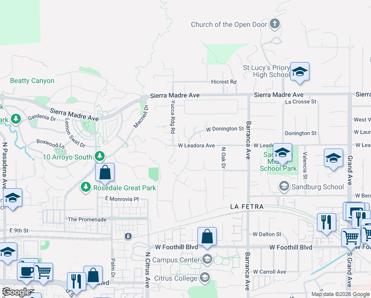 map of restaurants, bars, coffee shops, grocery stores, and more near 451 North Baldy Vista Avenue in Glendora