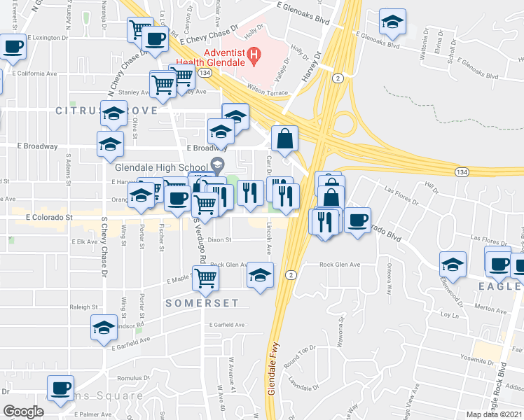 map of restaurants, bars, coffee shops, grocery stores, and more near 1535 East Colorado Street in Glendale
