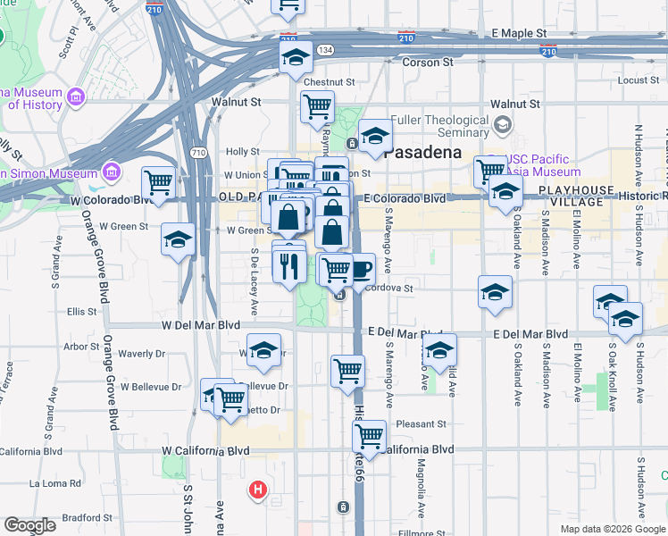 map of restaurants, bars, coffee shops, grocery stores, and more near 136 South Raymond Avenue in Pasadena