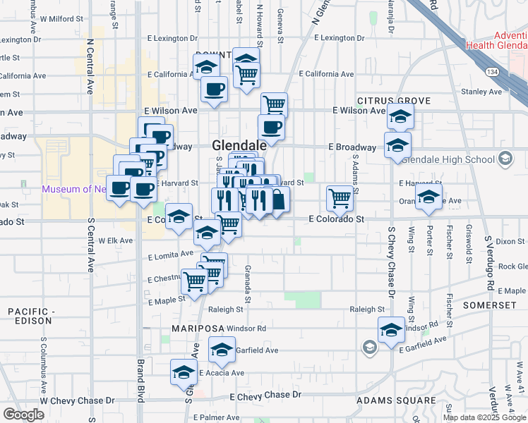 map of restaurants, bars, coffee shops, grocery stores, and more near 605 East Colorado Street in Glendale