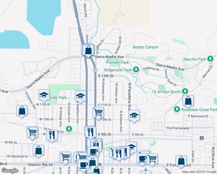 map of restaurants, bars, coffee shops, grocery stores, and more near 1204 North Alameda Avenue in Azusa
