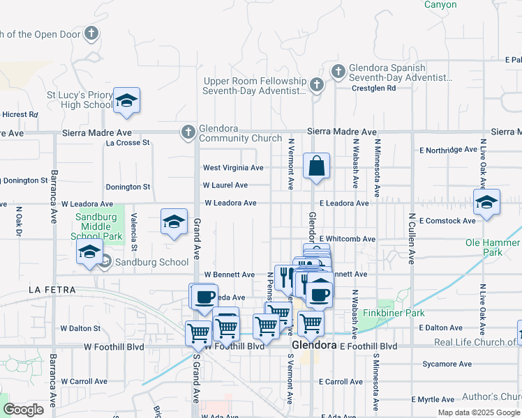 map of restaurants, bars, coffee shops, grocery stores, and more near 314 West Leadora Avenue in Glendora
