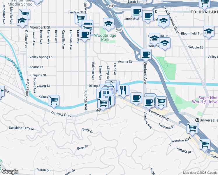 map of restaurants, bars, coffee shops, grocery stores, and more near 11222 Dilling Street in Los Angeles