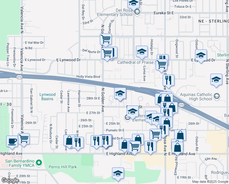 map of restaurants, bars, coffee shops, grocery stores, and more near 2792 Conejo Drive in San Bernardino