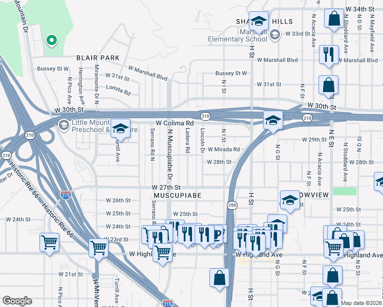 map of restaurants, bars, coffee shops, grocery stores, and more near 2803 Ladera Road in San Bernardino