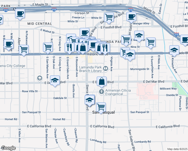 map of restaurants, bars, coffee shops, grocery stores, and more near 2405 East Del Mar Boulevard in Pasadena
