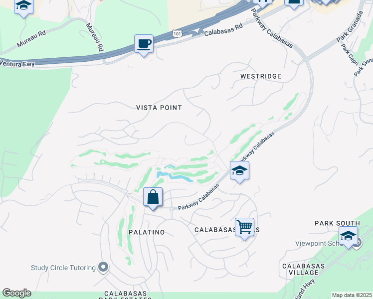 map of restaurants, bars, coffee shops, grocery stores, and more near 24650 Park Miramar in Calabasas