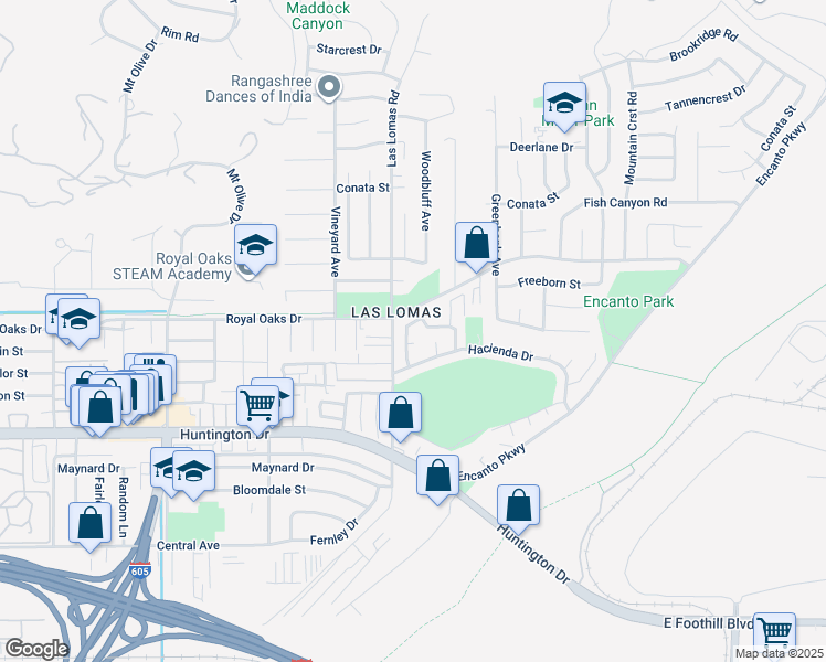 map of restaurants, bars, coffee shops, grocery stores, and more near 876 San Pablo Way in Duarte
