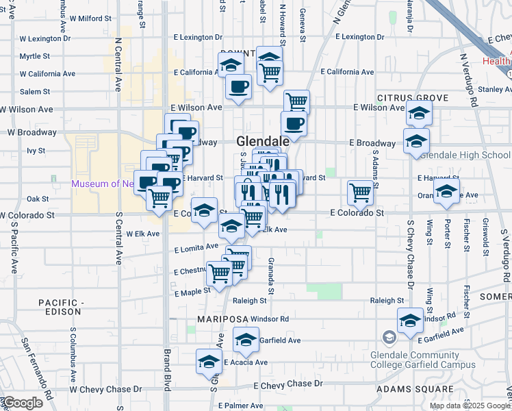 map of restaurants, bars, coffee shops, grocery stores, and more near 245B South Glendale Avenue in Glendale