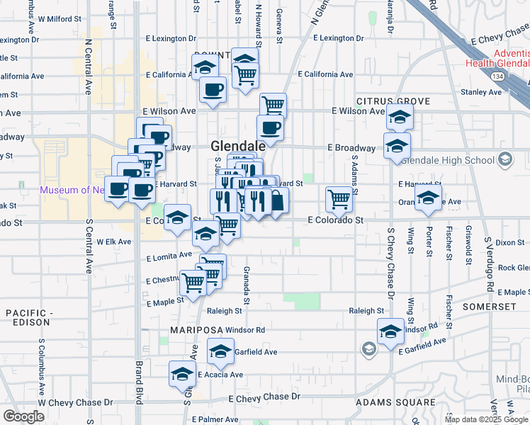 map of restaurants, bars, coffee shops, grocery stores, and more near 627 East Colorado Street in Glendale