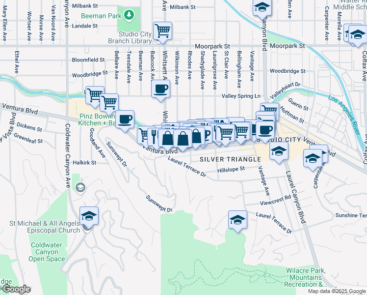 map of restaurants, bars, coffee shops, grocery stores, and more near 12427 Ventura Boulevard in Los Angeles