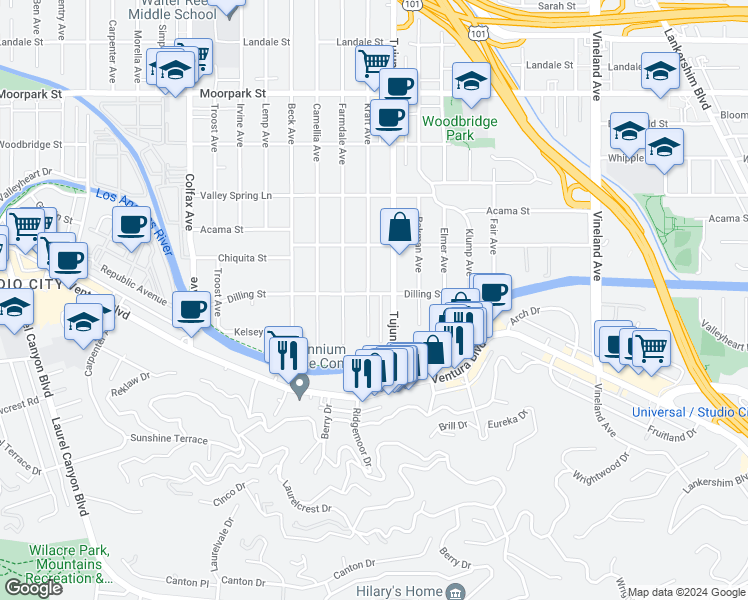 map of restaurants, bars, coffee shops, grocery stores, and more near 4118 Kraft Avenue in Los Angeles