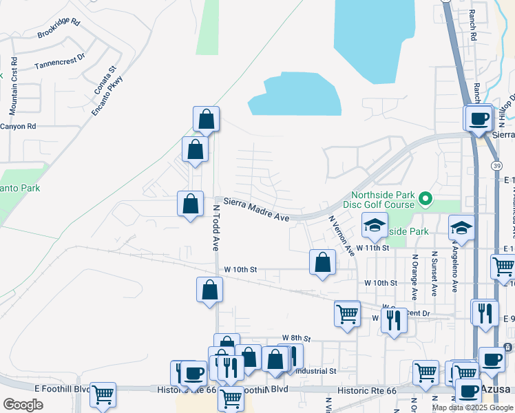 map of restaurants, bars, coffee shops, grocery stores, and more near 1055 Sierra Madre Avenue in Azusa