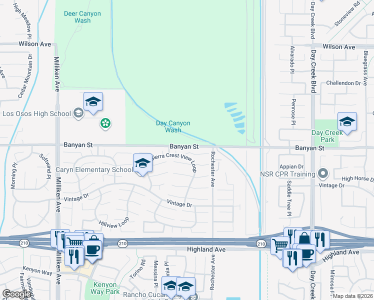 map of restaurants, bars, coffee shops, grocery stores, and more near 11818 Mount Harvard Court in Rancho Cucamonga