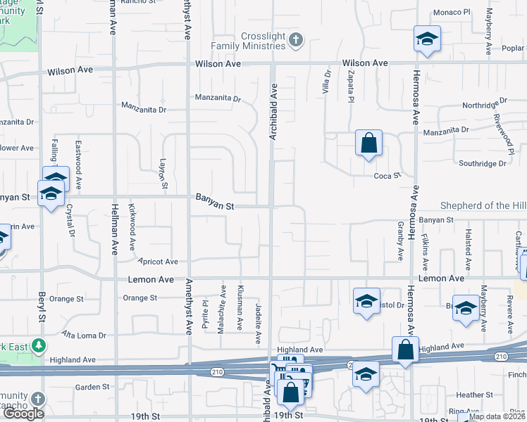 map of restaurants, bars, coffee shops, grocery stores, and more near 6115 Jadeite Avenue in Rancho Cucamonga