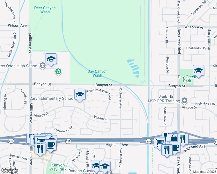 map of restaurants, bars, coffee shops, grocery stores, and more near 11818 Mount Harvard Court in Rancho Cucamonga