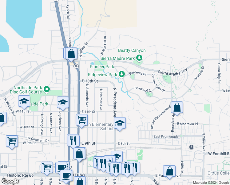 map of restaurants, bars, coffee shops, grocery stores, and more near 1227 North Pasadena Avenue in Azusa