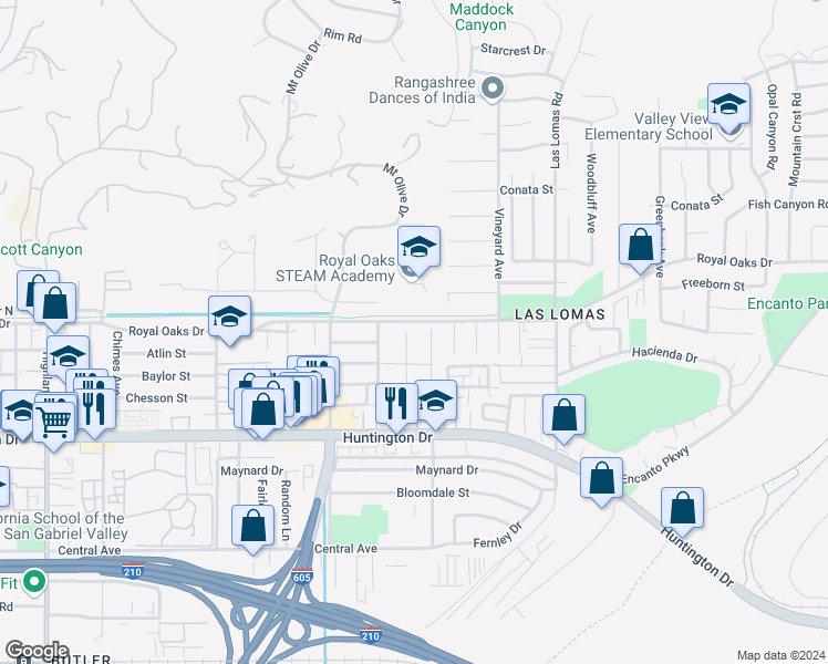 map of restaurants, bars, coffee shops, grocery stores, and more near 808 Edie Drive in Duarte