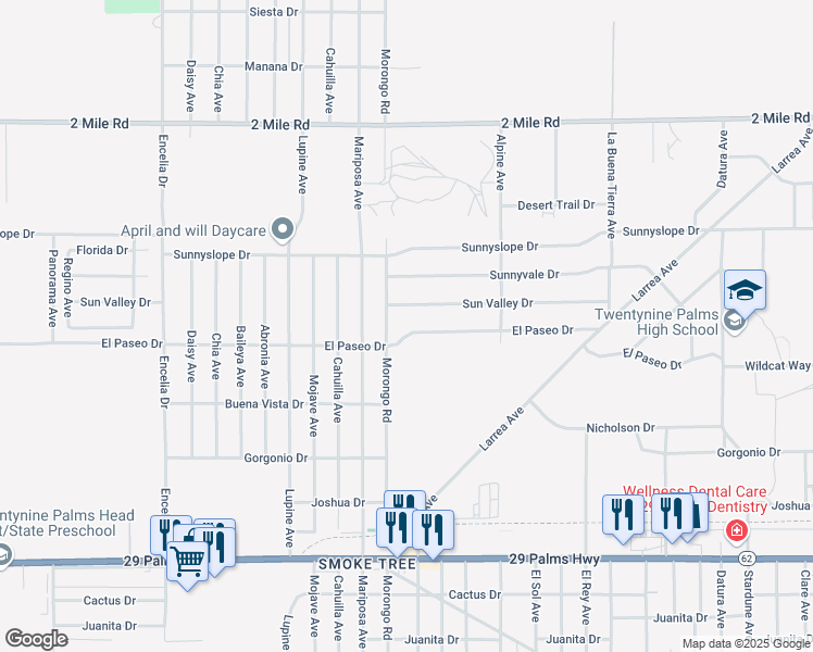 map of restaurants, bars, coffee shops, grocery stores, and more near 72138 El Paseo Drive in Twentynine Palms