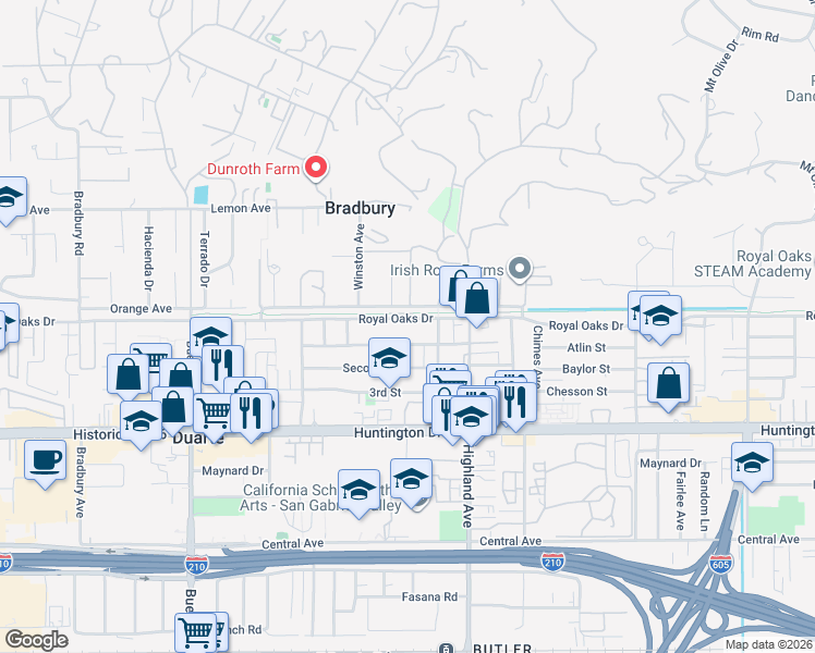 map of restaurants, bars, coffee shops, grocery stores, and more near 1656 Royal Oaks Drive in Duarte