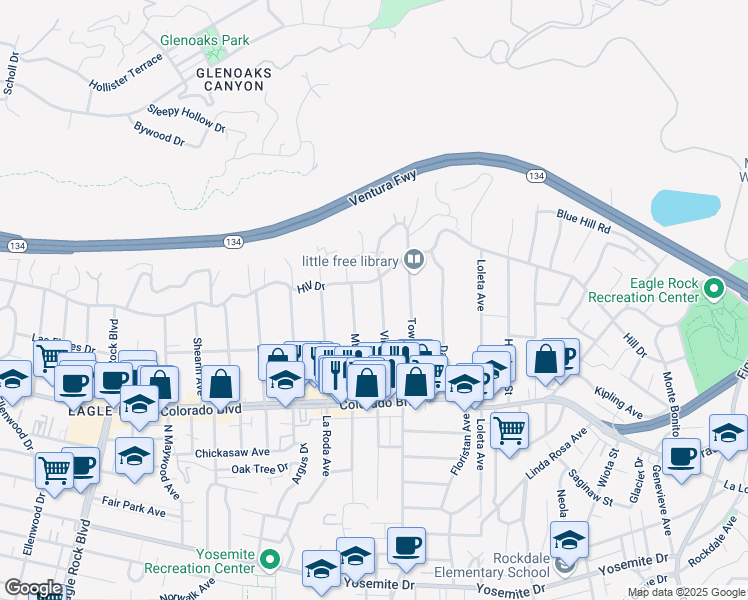 map of restaurants, bars, coffee shops, grocery stores, and more near 5257 Vincent Avenue in Los Angeles