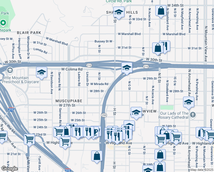 map of restaurants, bars, coffee shops, grocery stores, and more near 851 West Mirada Road in San Bernardino